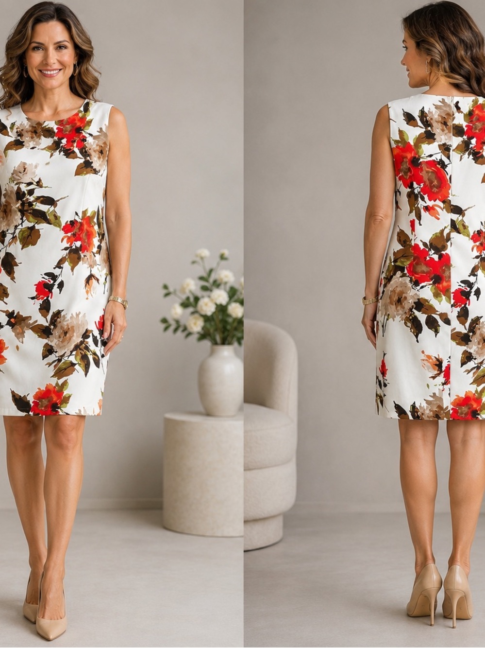 Alyx White Sleeveless Shift Dress with Red & Brown Floral Print
